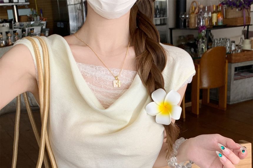 Cowl Neck Lace Panel Knit Faux Two-Piece Top
