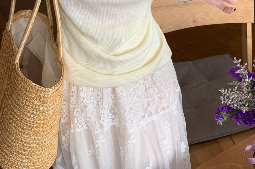 Cowl Neck Lace Panel Knit Faux Two-Piece Top