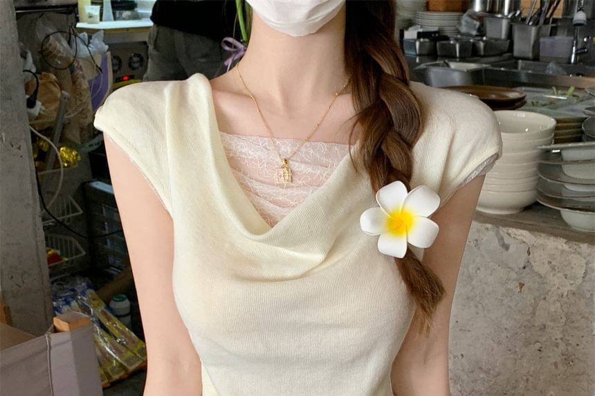 Cowl Neck Lace Panel Knit Faux Two-Piece Top