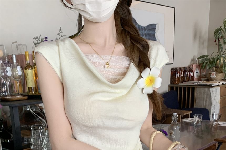 Cowl Neck Lace Panel Knit Faux Two-Piece Top