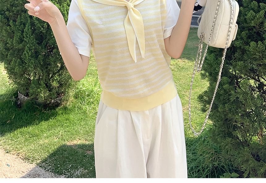 Striped Sailor Collar Knit Top with Faux Two-Piece
