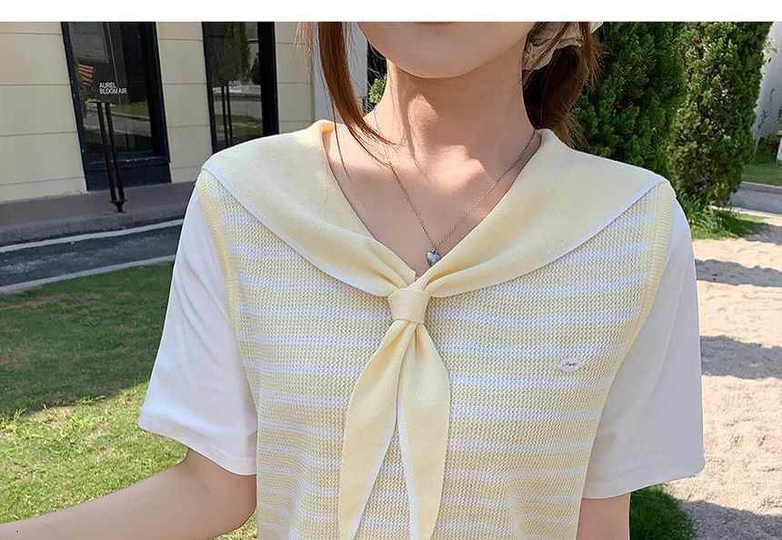 Striped Sailor Collar Knit Top with Faux Two-Piece