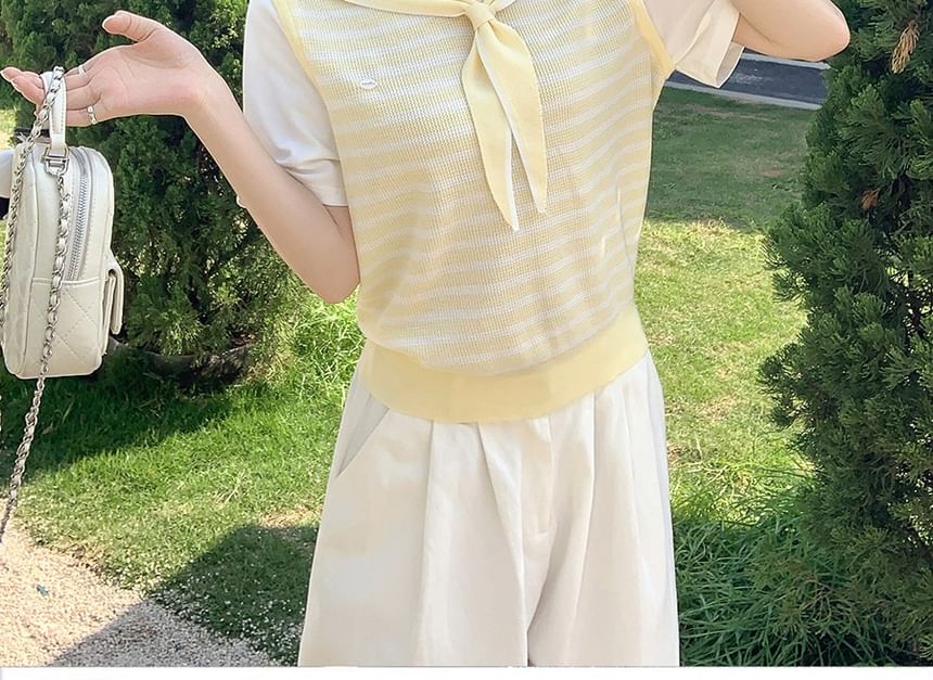 Striped Sailor Collar Knit Top with Faux Two-Piece