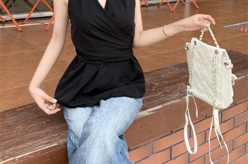 Peplum Halter Wrap Top with Tie-Back