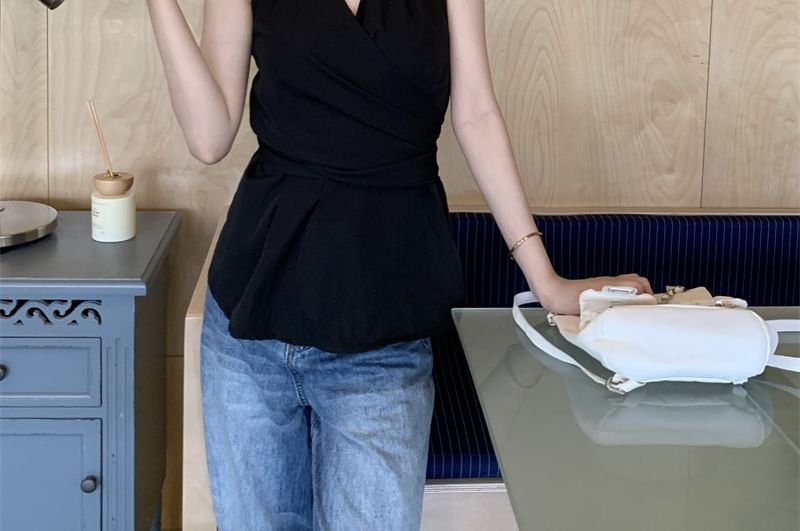 Peplum Halter Wrap Top with Tie-Back