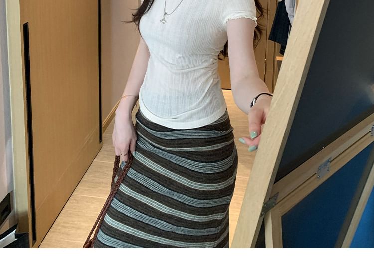 Boat Neck Lace Trim Ruched Short Sleeve Top