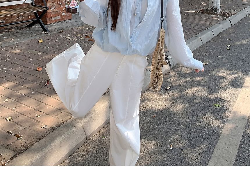 Collared Long Sleeve Faux Two-Piece Shirt