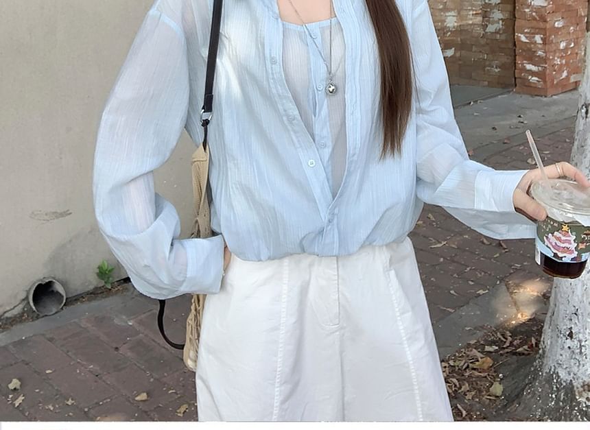 Collared Long Sleeve Faux Two-Piece Shirt