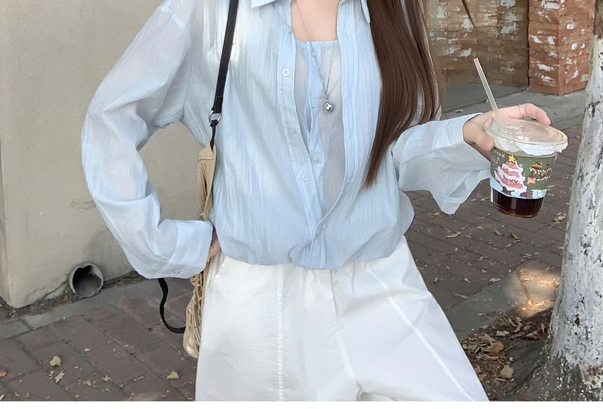 Collared Long Sleeve Faux Two-Piece Shirt
