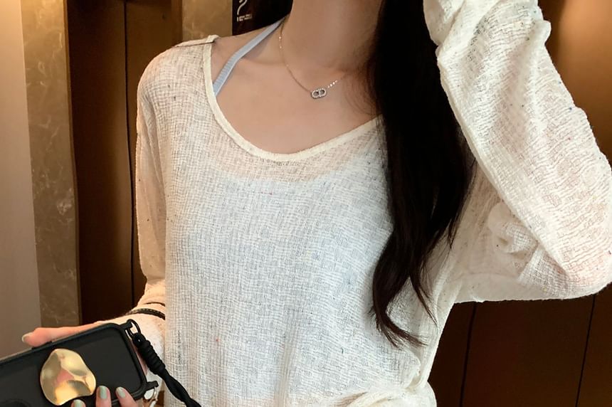 Melange Tie-Back Long Sleeve Scoop Neck Top
