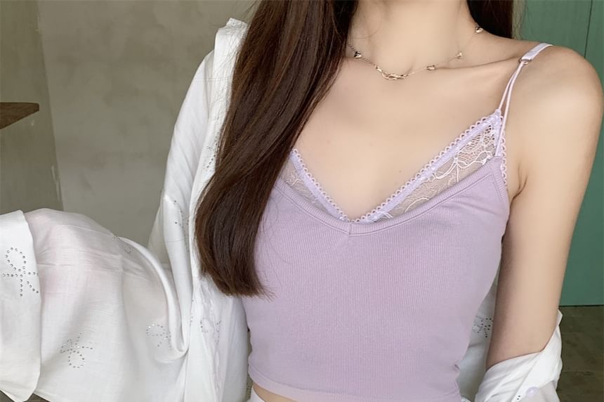 Lace Panel Crop Camisole with V-Neck Faux Two-Piece