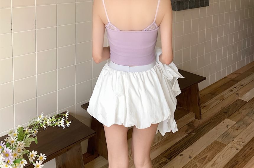 Lace Panel Crop Camisole with V-Neck Faux Two-Piece