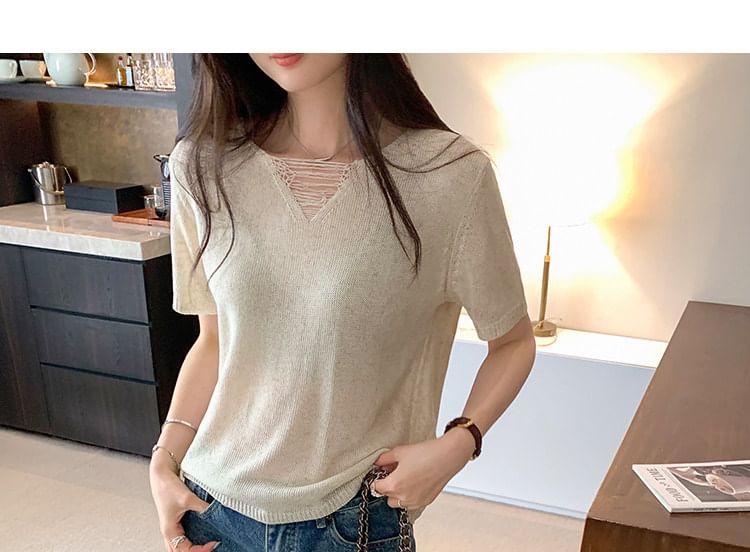 Distressed V-Neck Knit Top Short Sleeve