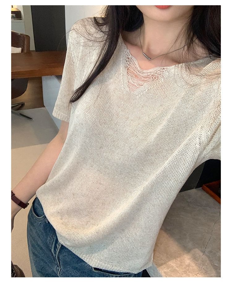 Distressed V-Neck Knit Top Short Sleeve