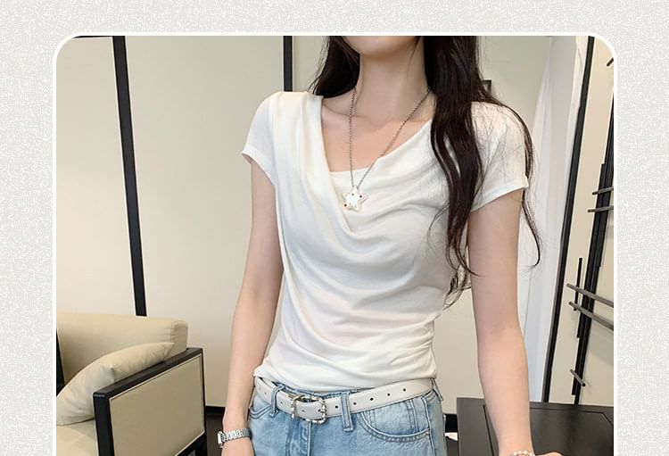 Cropped Asymmetric V-Neck Basic Tee