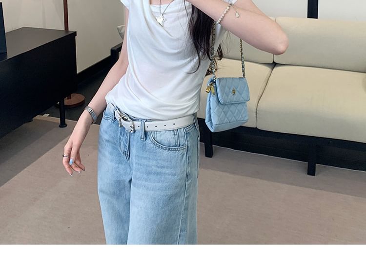 Cropped Asymmetric V-Neck Basic Tee