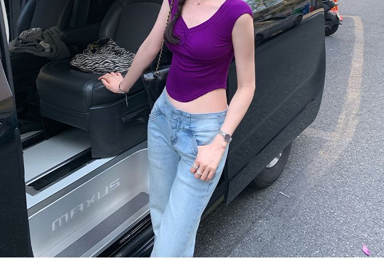 Short Sleeve V-Neck Simple Crop Blouse