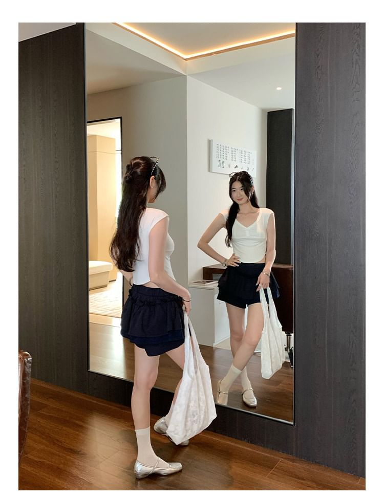 Short Sleeve V-Neck Simple Crop Blouse