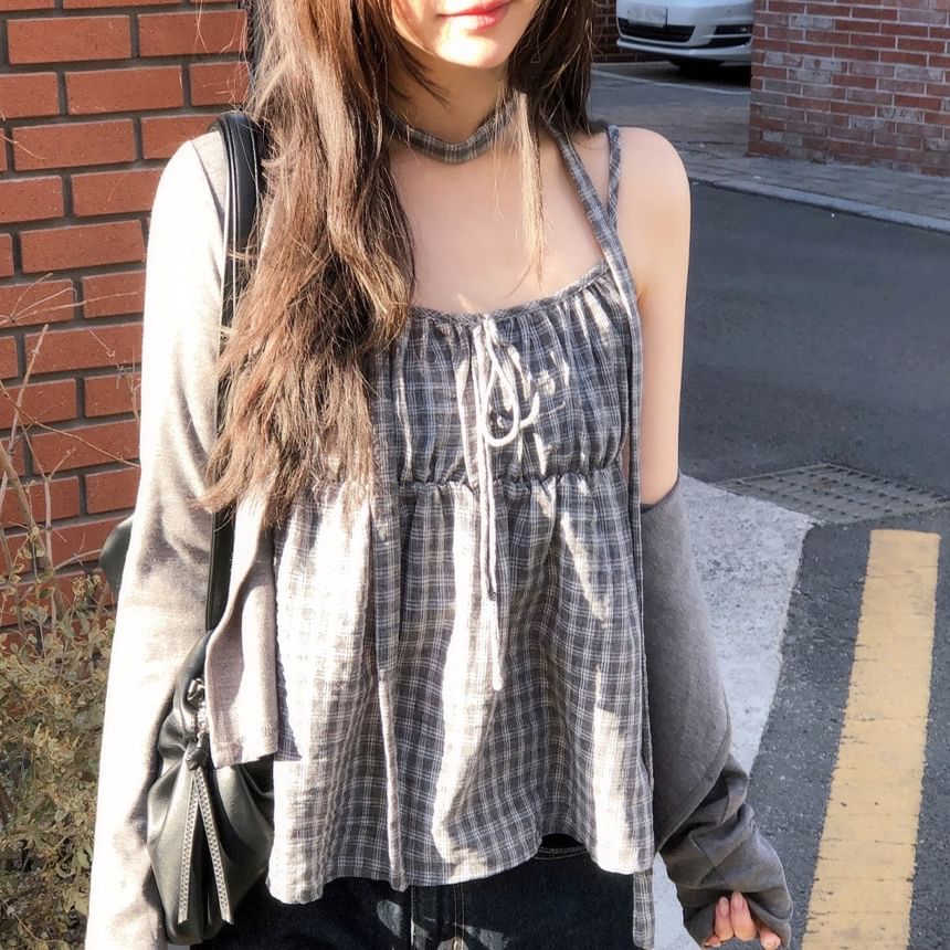 Checked Tie-Front Loose Camisole
