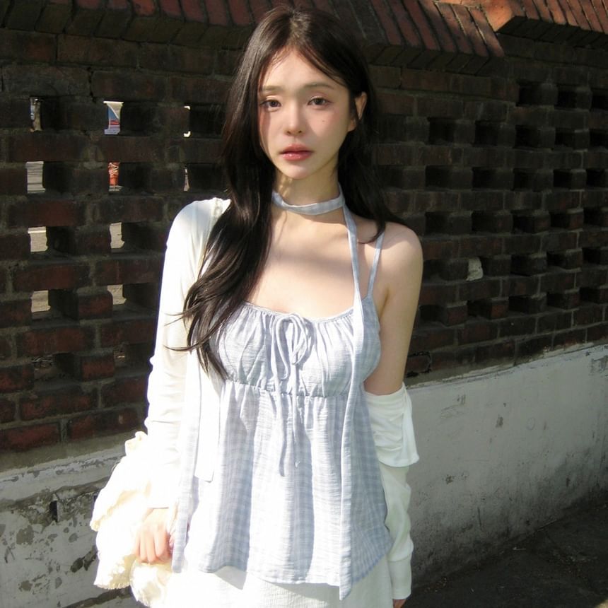 Checked Tie-Front Loose Camisole