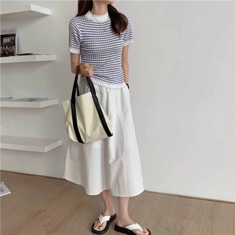 Color-Block Crochet Mock Neck Knit Top