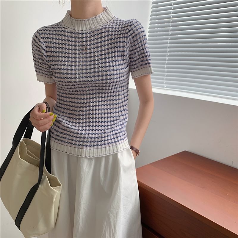 Color-Block Crochet Mock Neck Knit Top