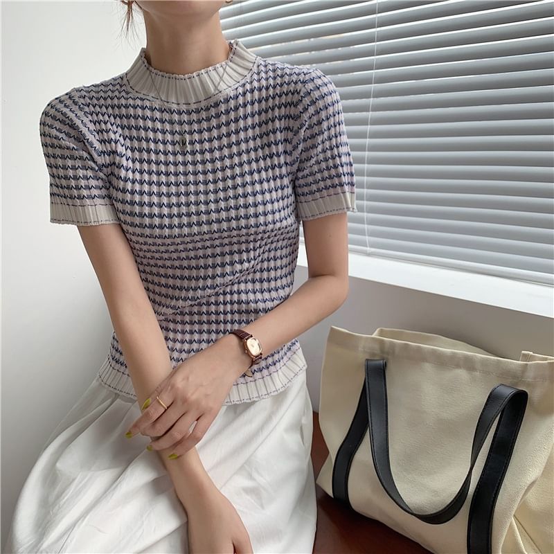 Color-Block Crochet Mock Neck Knit Top