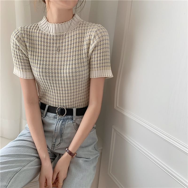 Color-Block Crochet Mock Neck Knit Top