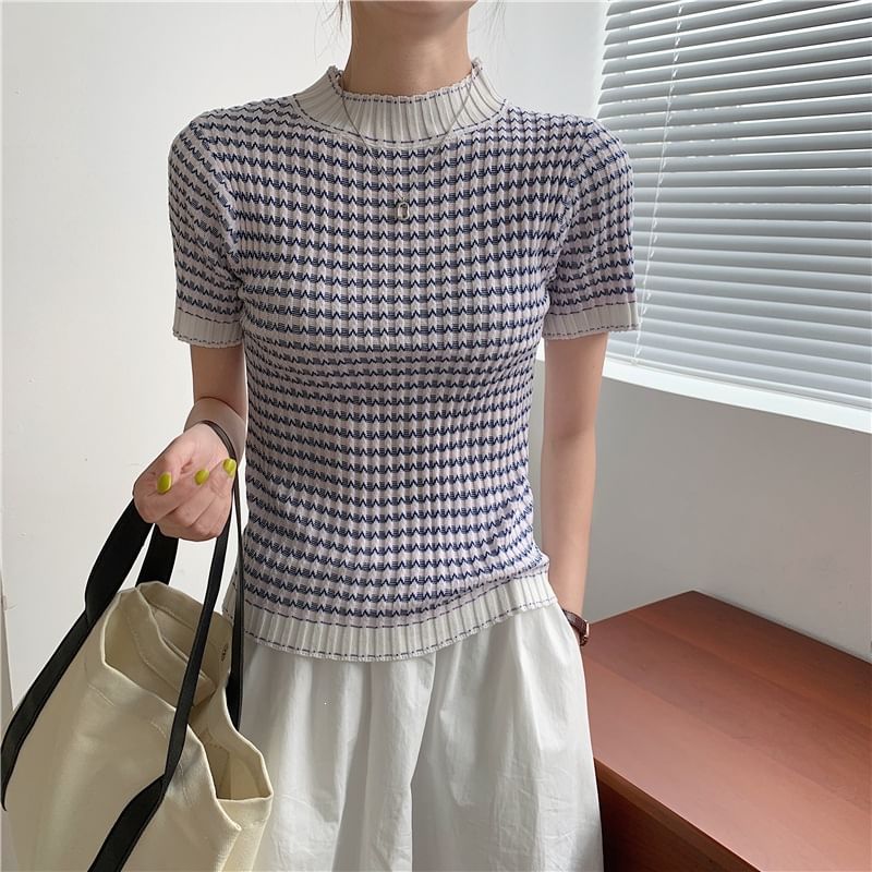 Color-Block Crochet Mock Neck Knit Top
