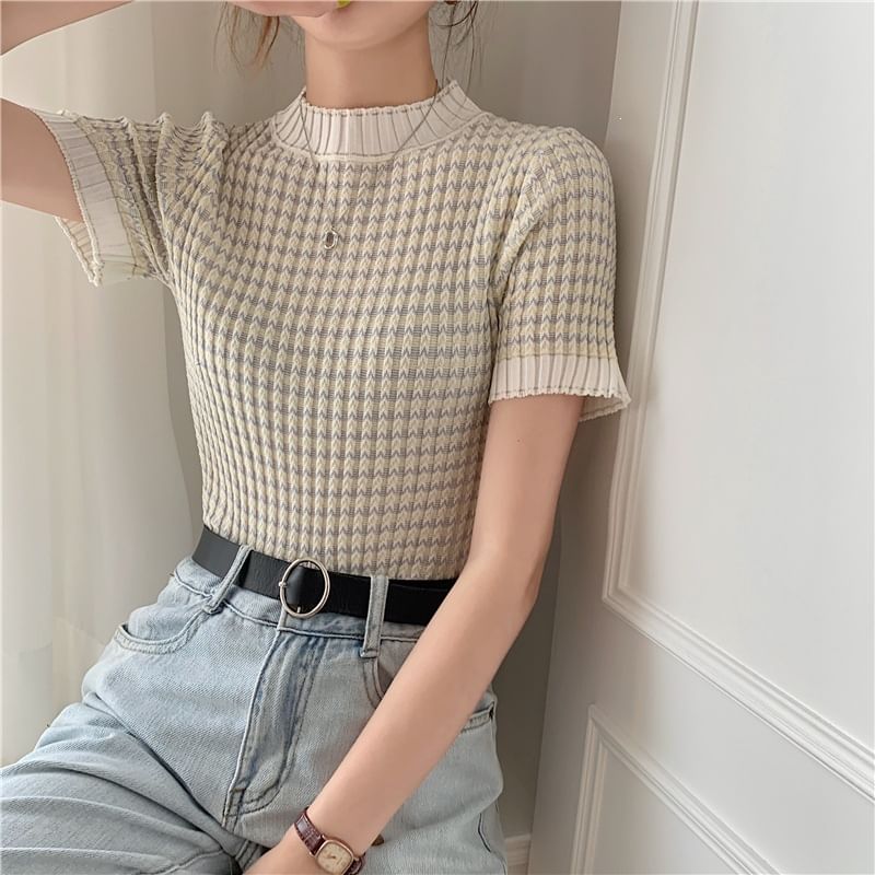 Color-Block Crochet Mock Neck Knit Top
