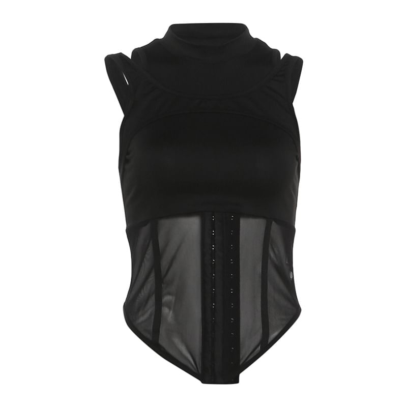 Mesh-Insert Corset-Style Tank with Layered Look