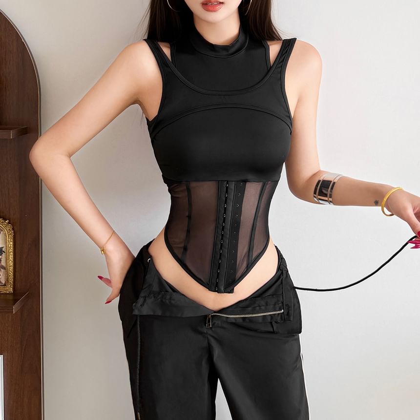 Mesh-Insert Corset-Style Tank with Layered Look