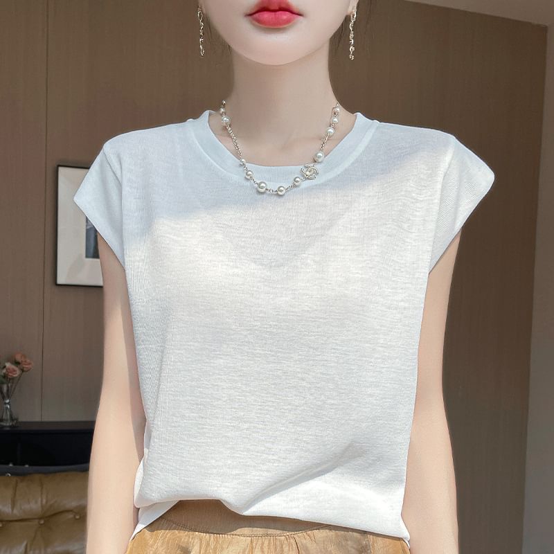 Cap Sleeve Crew Neck Basic Tee