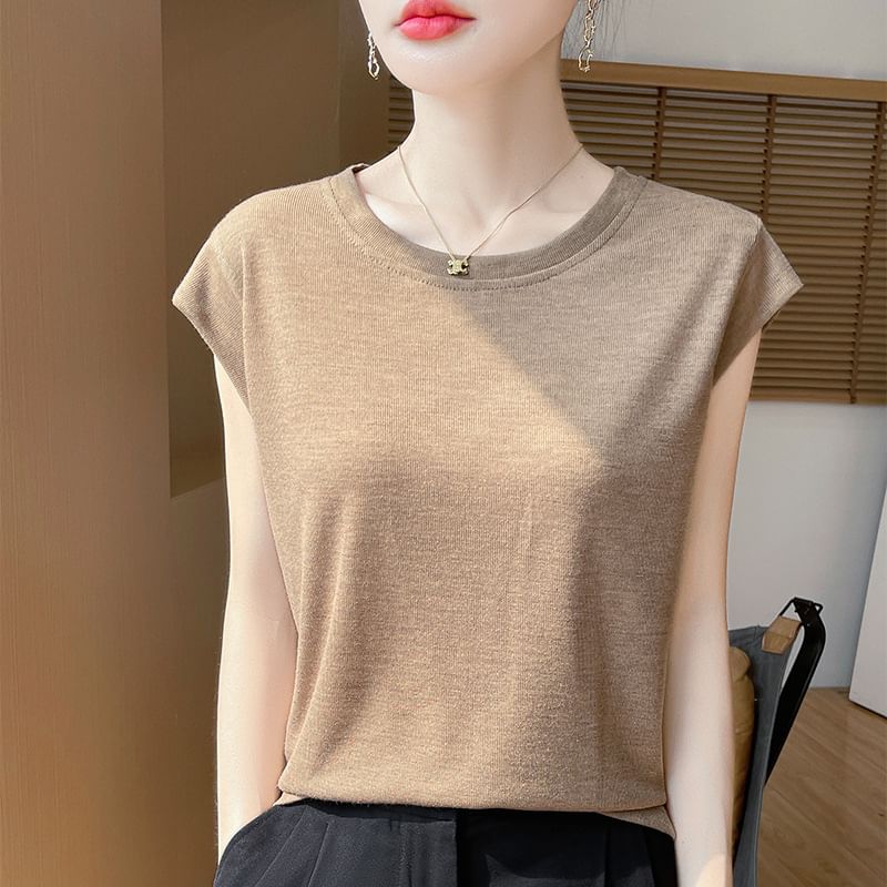 Cap Sleeve Crew Neck Basic Tee