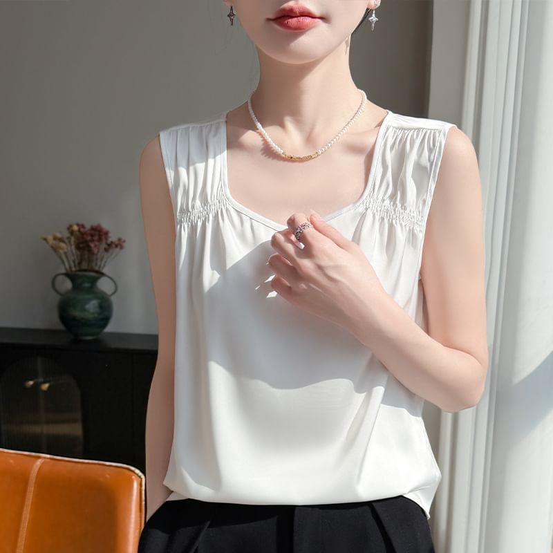 Square Neck Ruched Satin Tank