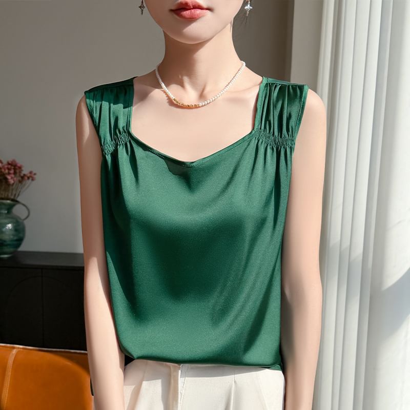 Square Neck Ruched Satin Tank