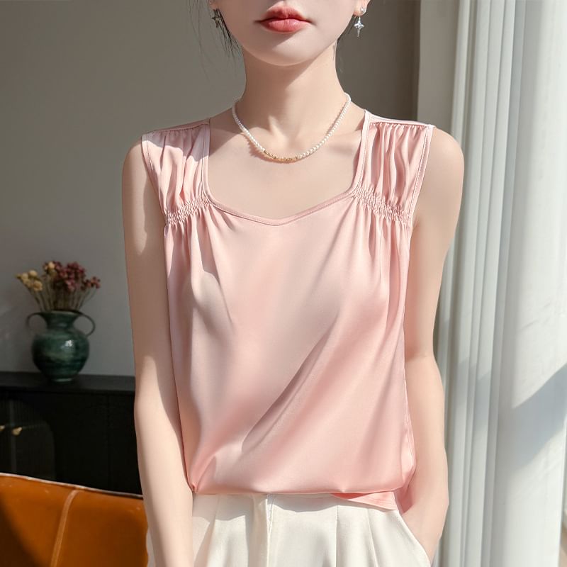 Square Neck Ruched Satin Tank