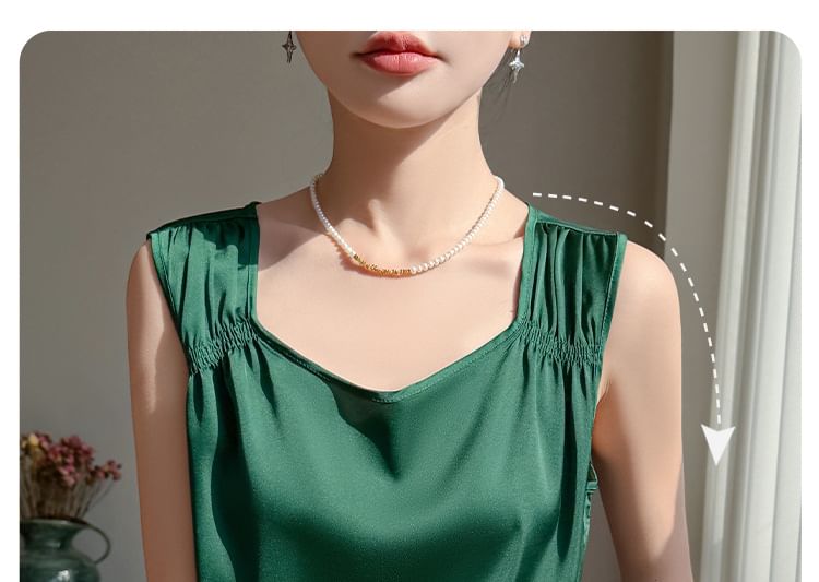 Square Neck Ruched Satin Tank