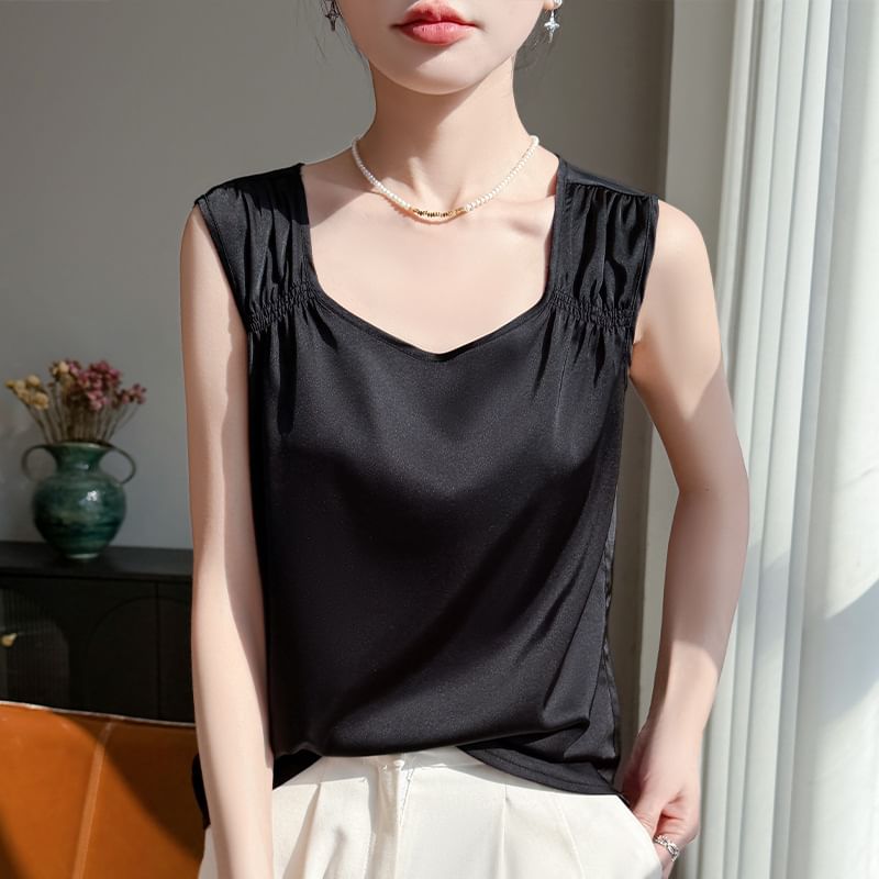 Square Neck Ruched Satin Tank