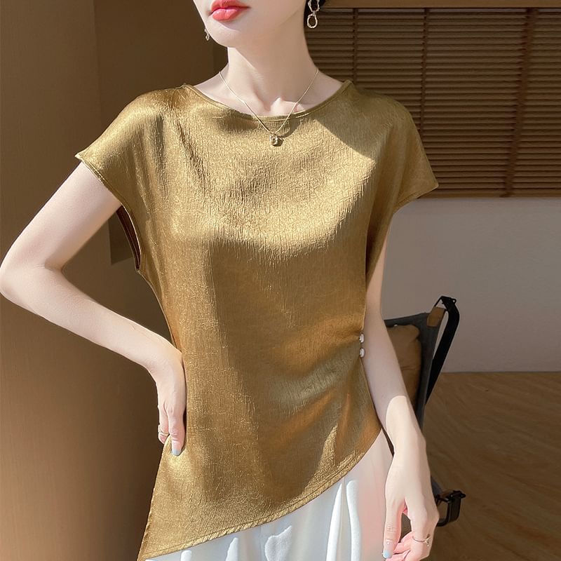Satin Asymmetric Crew Neck Short Sleeve Top