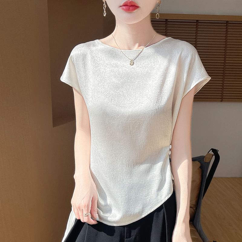 Satin Asymmetric Crew Neck Short Sleeve Top