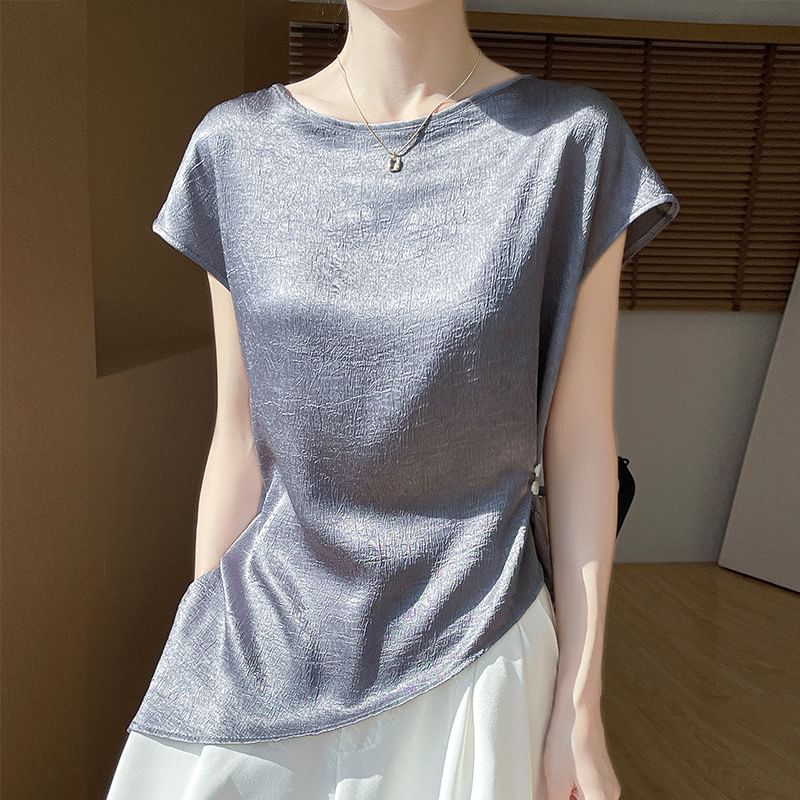 Satin Asymmetric Crew Neck Short Sleeve Top