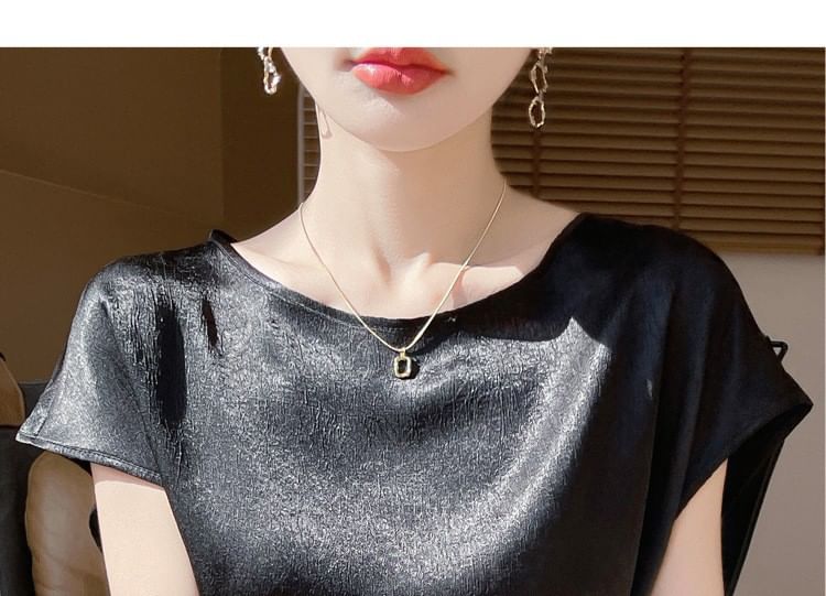 Satin Asymmetric Crew Neck Short Sleeve Top