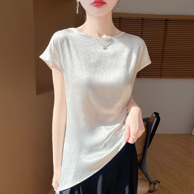 Satin Asymmetric Crew Neck Short Sleeve Top