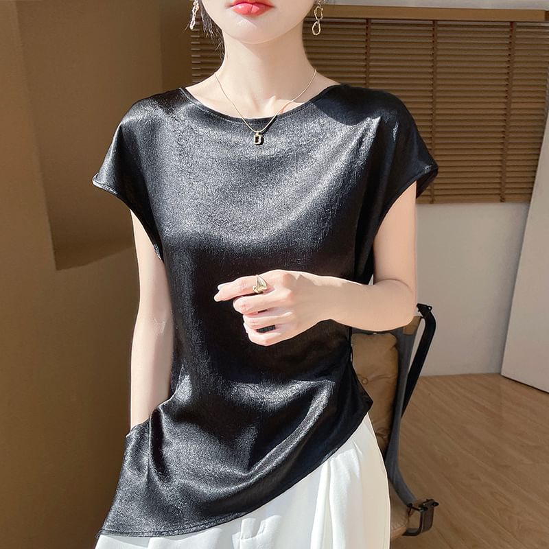 Satin Asymmetric Crew Neck Short Sleeve Top