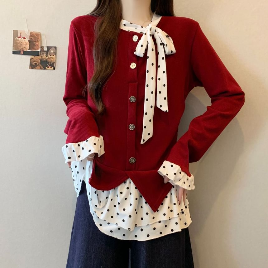 Polka Dot Two-Piece Effect Long Sleeve Top