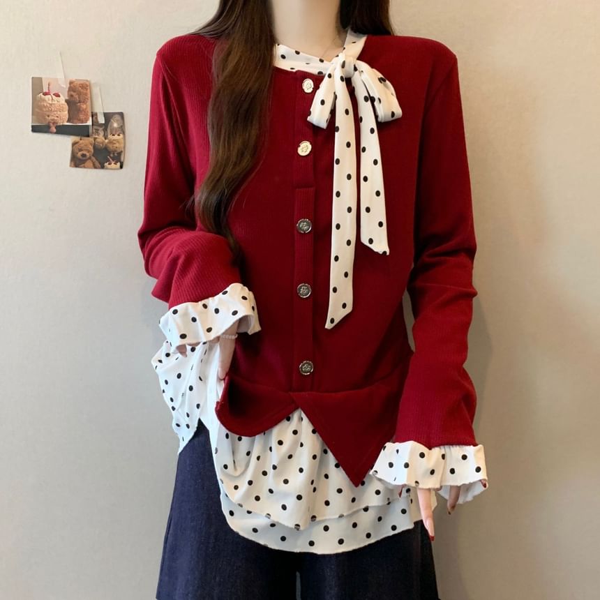 Polka Dot Two-Piece Effect Long Sleeve Top