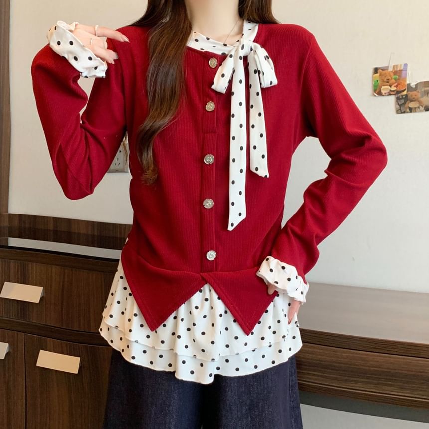 Polka Dot Two-Piece Effect Long Sleeve Top