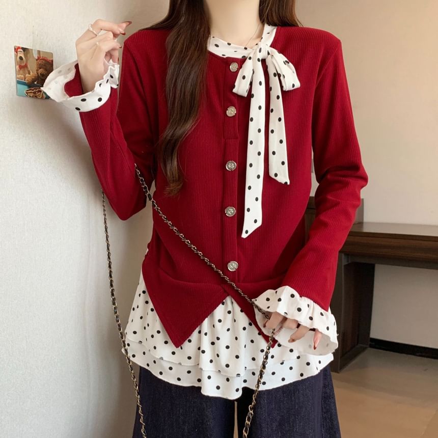 Polka Dot Two-Piece Effect Long Sleeve Top
