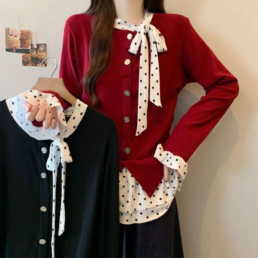 Polka Dot Two-Piece Effect Long Sleeve Top